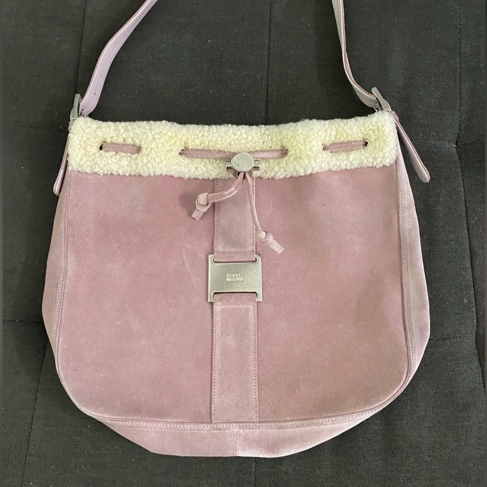 Stuart Weitzman Pink Suede Fur trim Hobo Shoulder Bag